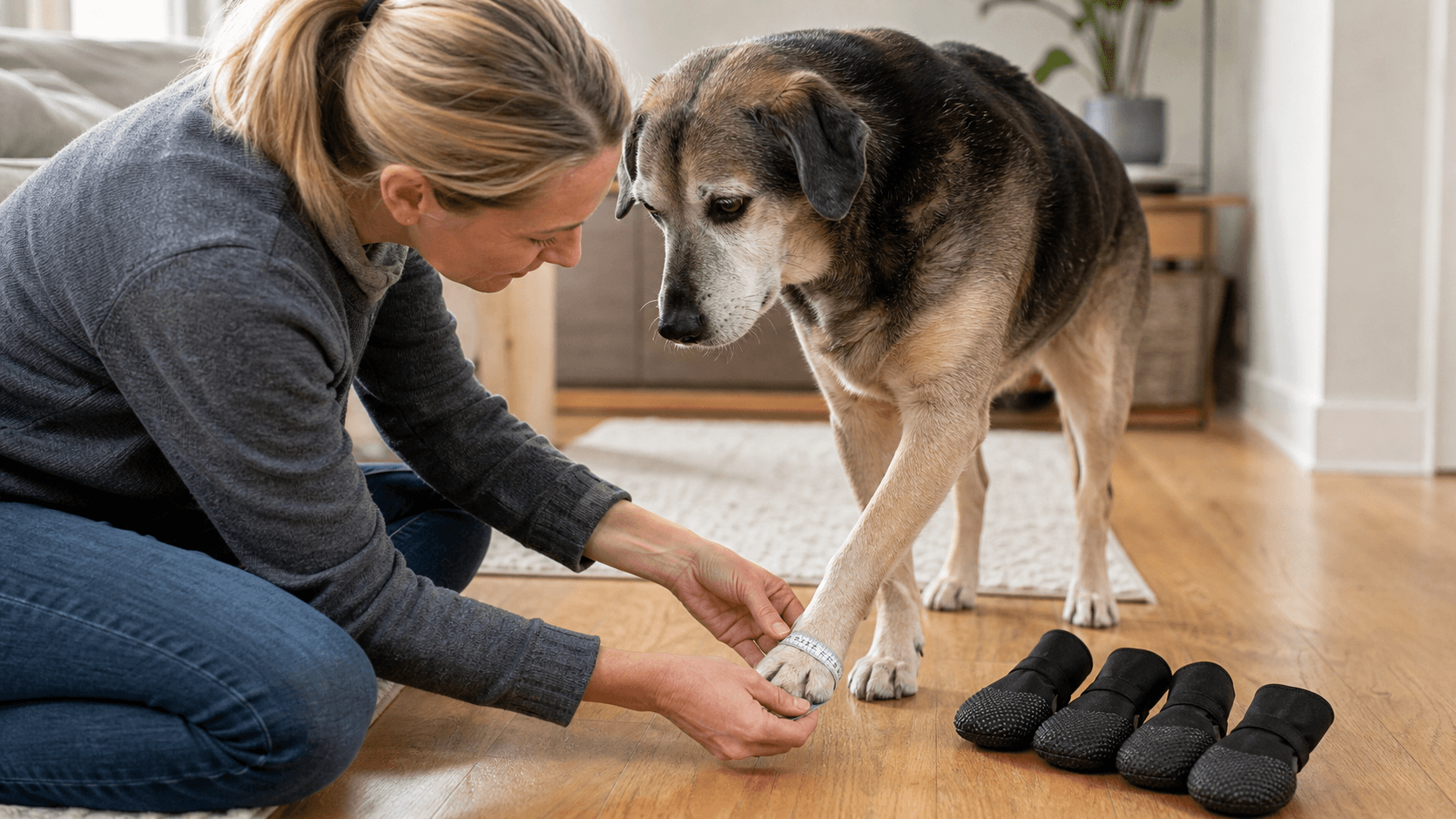 Owner checking a senior dog's paw and nails before choosing a plain traction grip