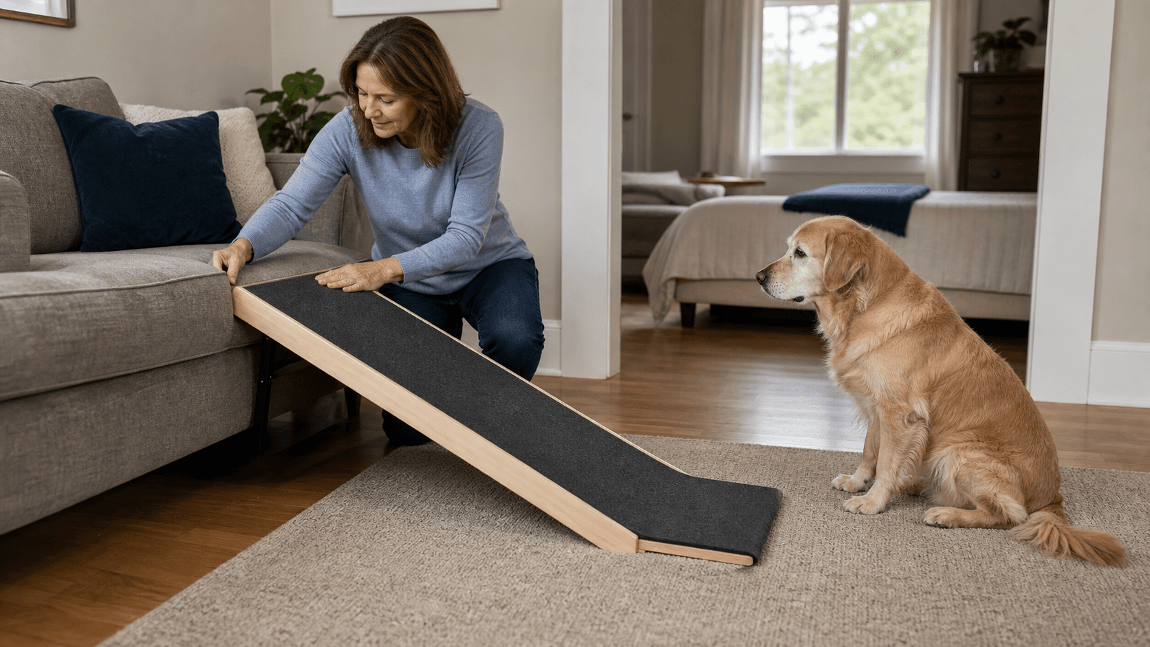 Owner checking the floor footprint of a plain indoor dog ramp beside furniture