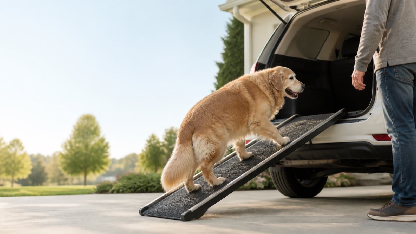 Large senior dog using a ramp to enter an SUV