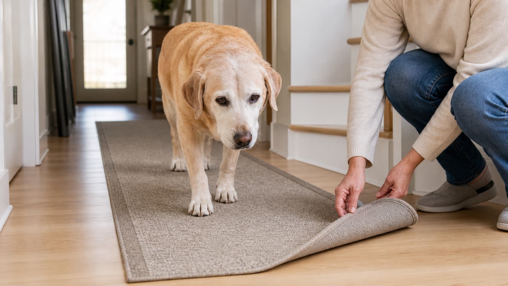 Senior dog walking on a plain low-profile hallway runner at home