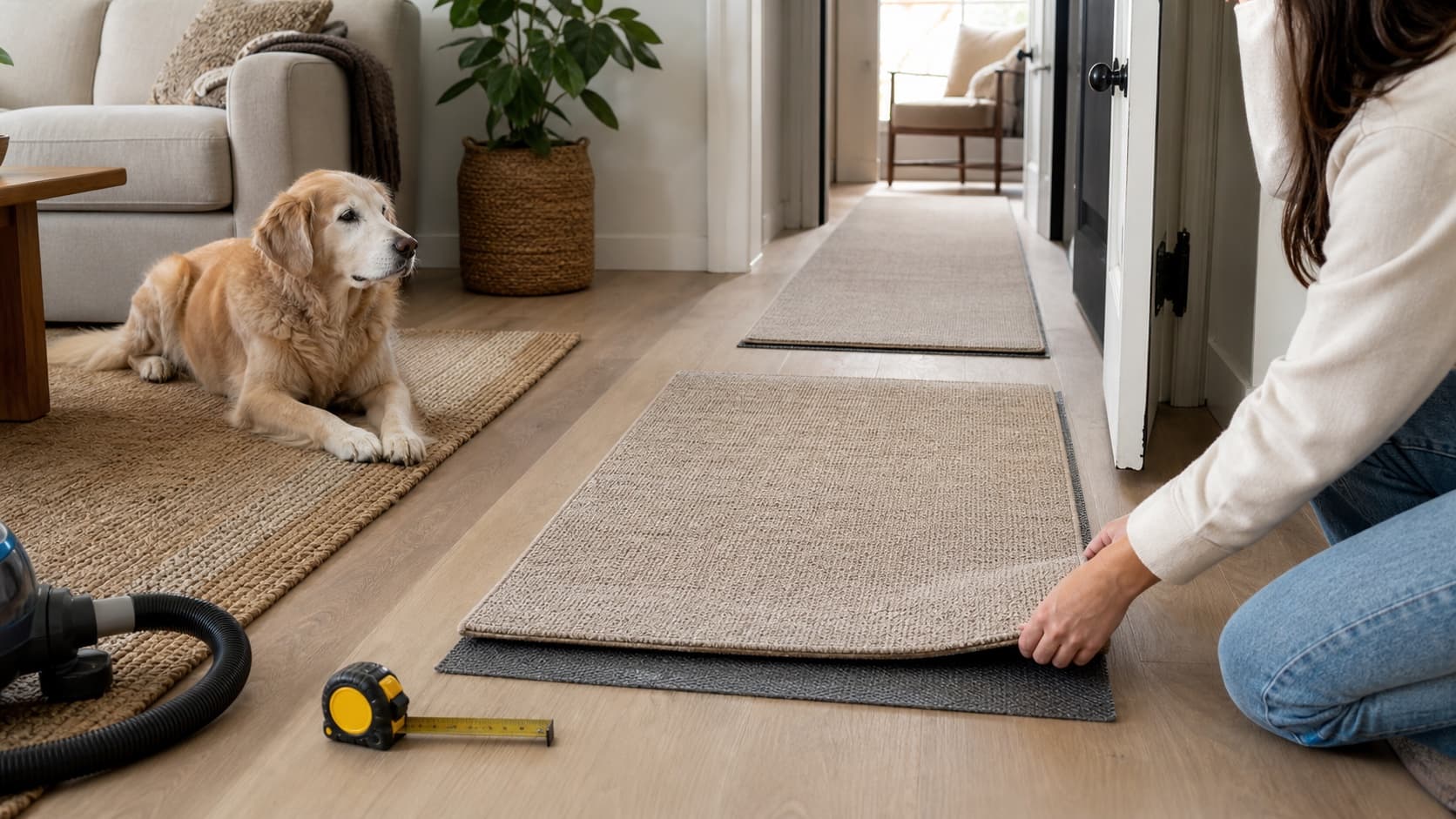 Owner checking the edge of a plain runner and rug pad for a senior dog