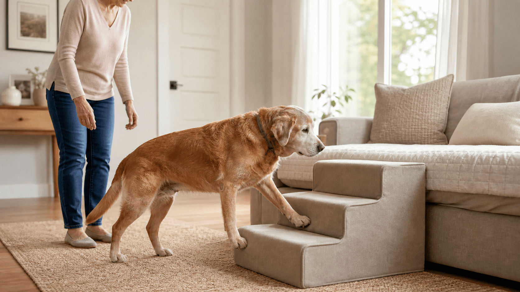 Senior dog approaching plain unbranded dog stairs beside a bed