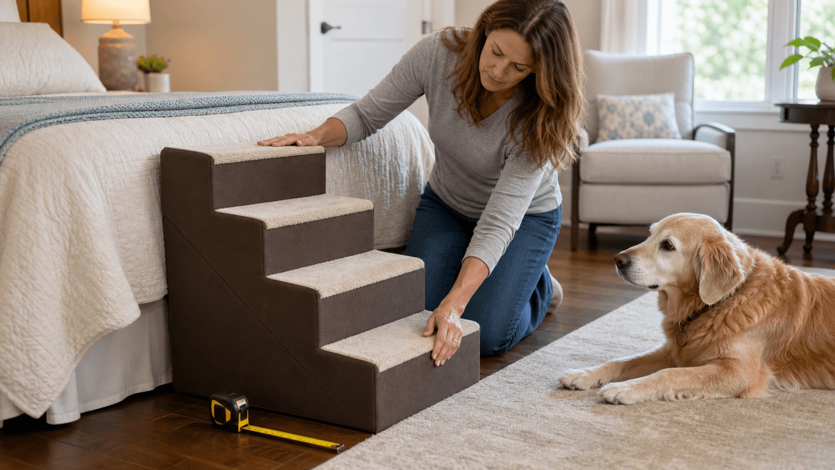 Owner checking plain dog stairs beside a bed while a senior dog waits nearby