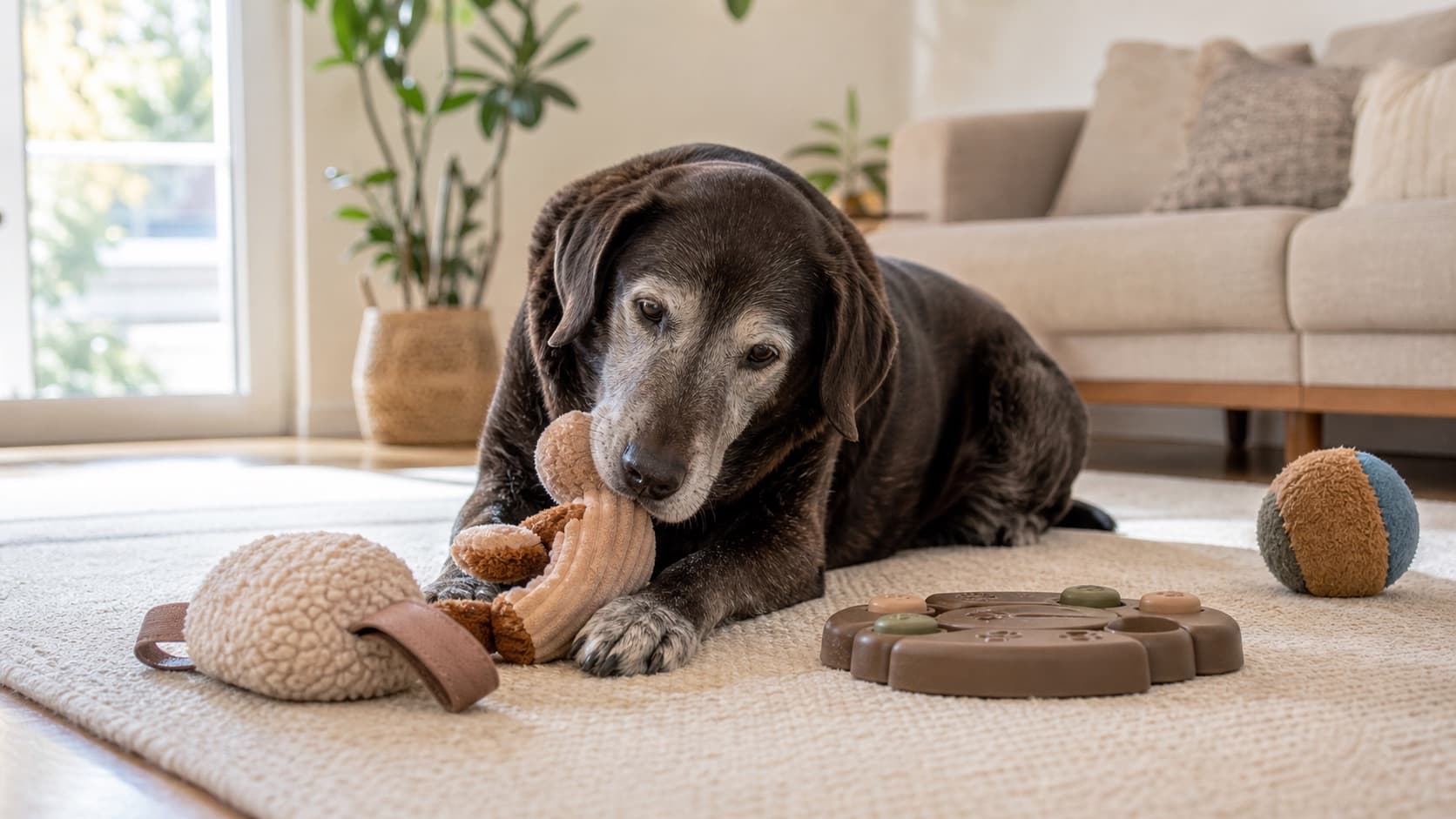 Senior dog calmly playing with generic enrichment toys on a living room rug