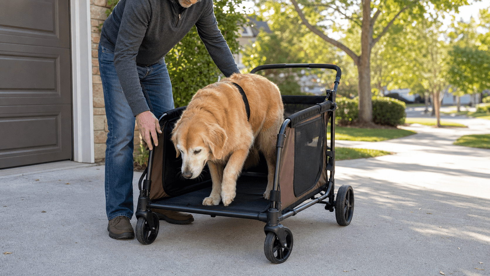Large senior dog stepping into a plain unbranded low-entry pet wagon on a driveway