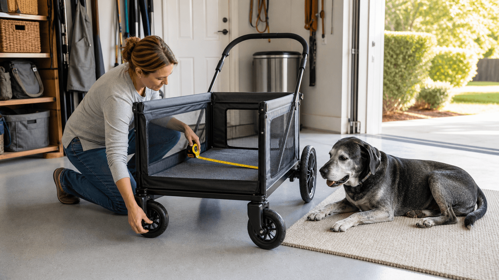 Owner measuring the cabin floor and checking a wheel brake on a plain pet wagon