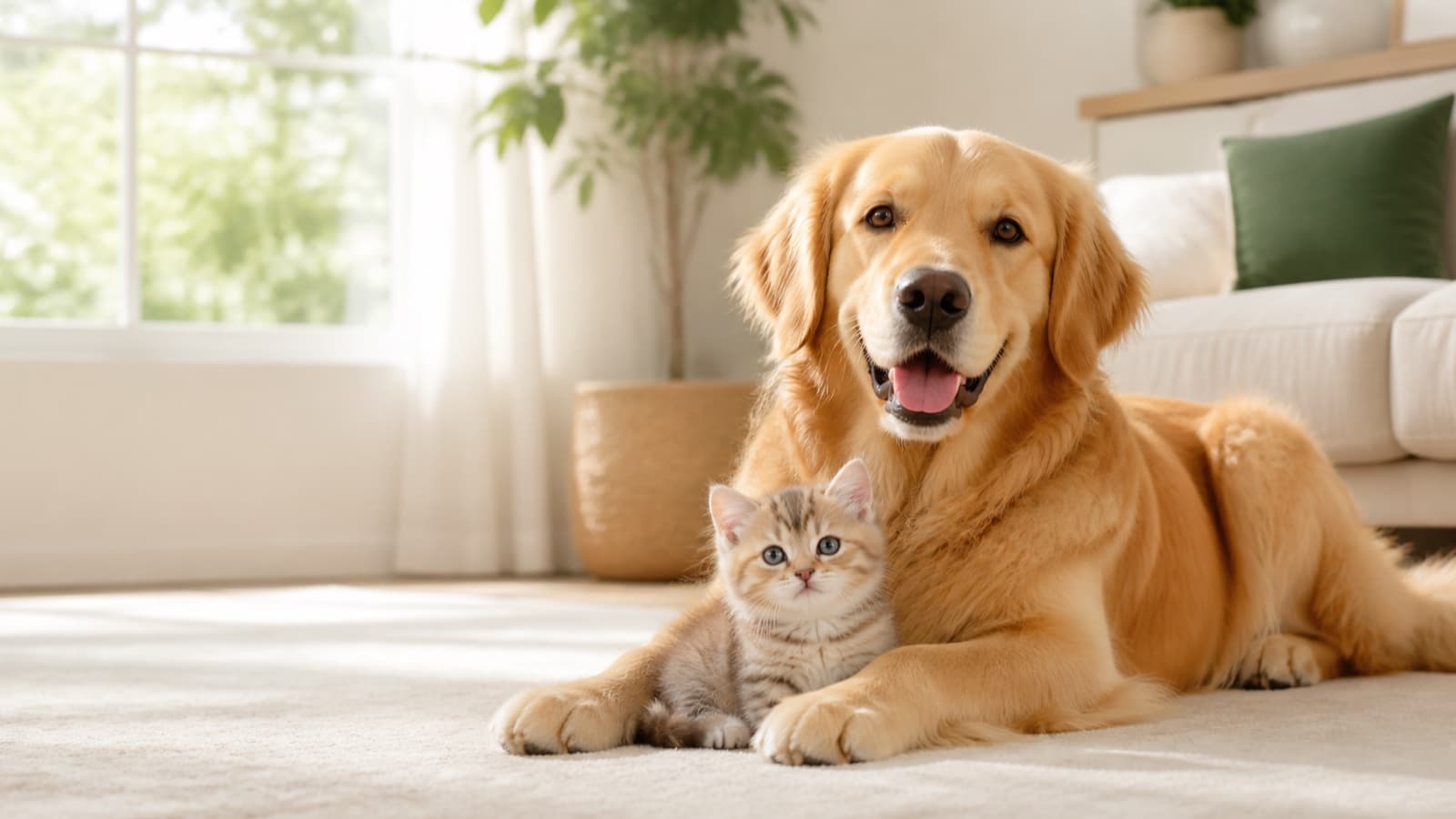 A golden retriever resting beside a baby kitten in a bright home