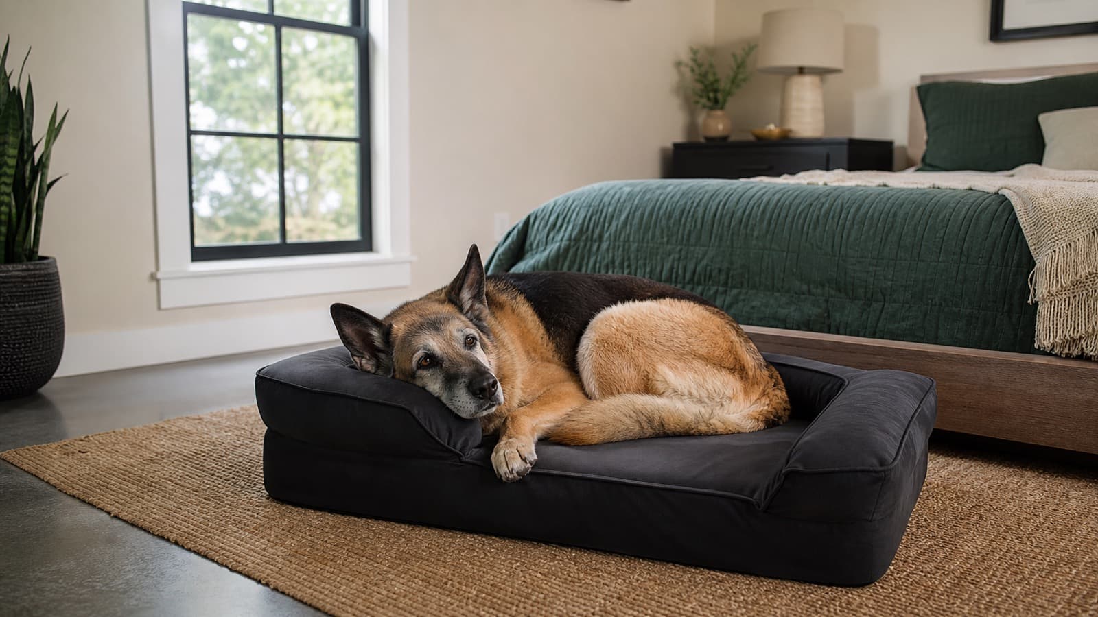 Large senior dog resting on a plain unbranded supportive dog bed