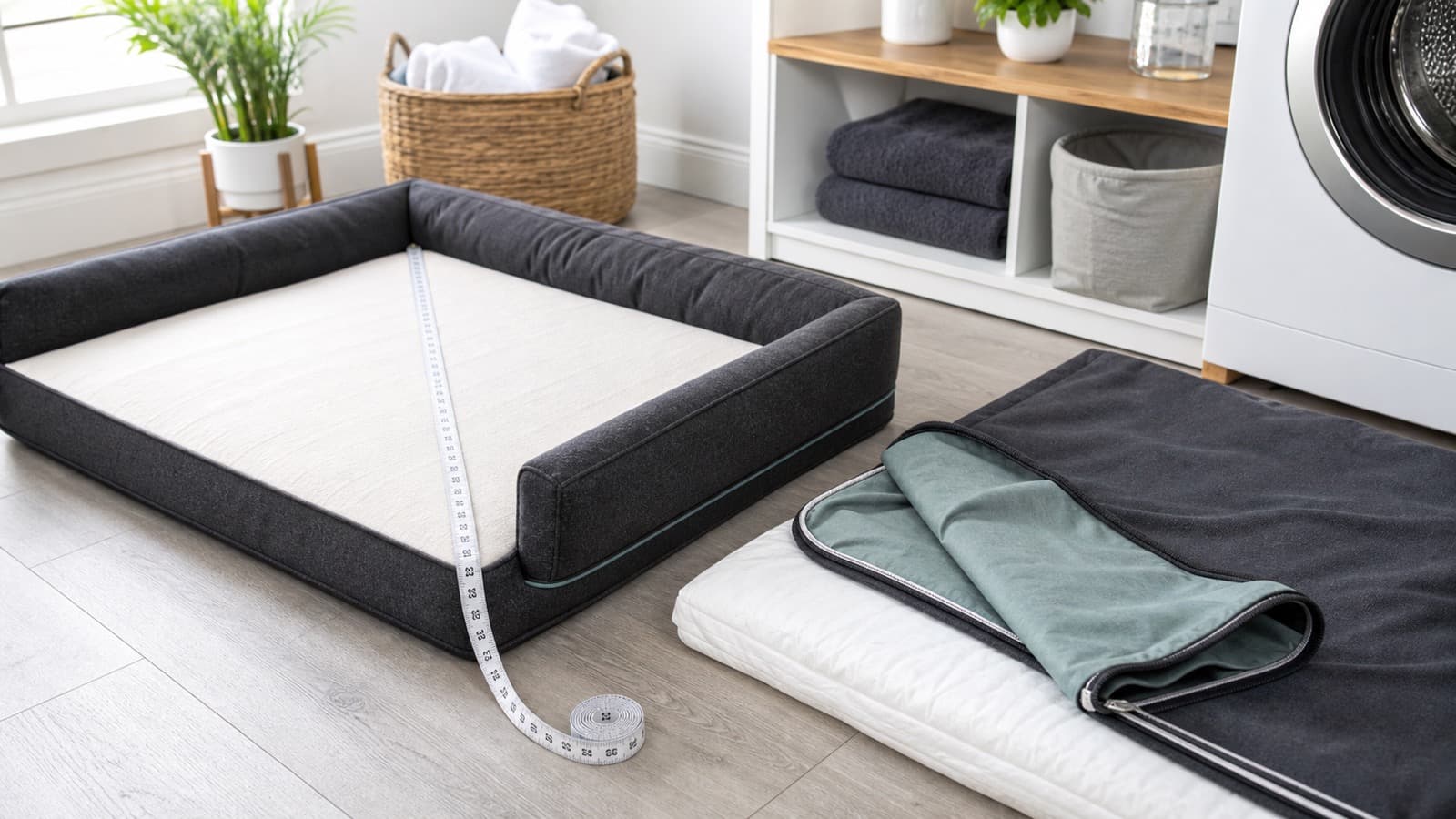 Measuring and checking the removable cover on a plain dog bed