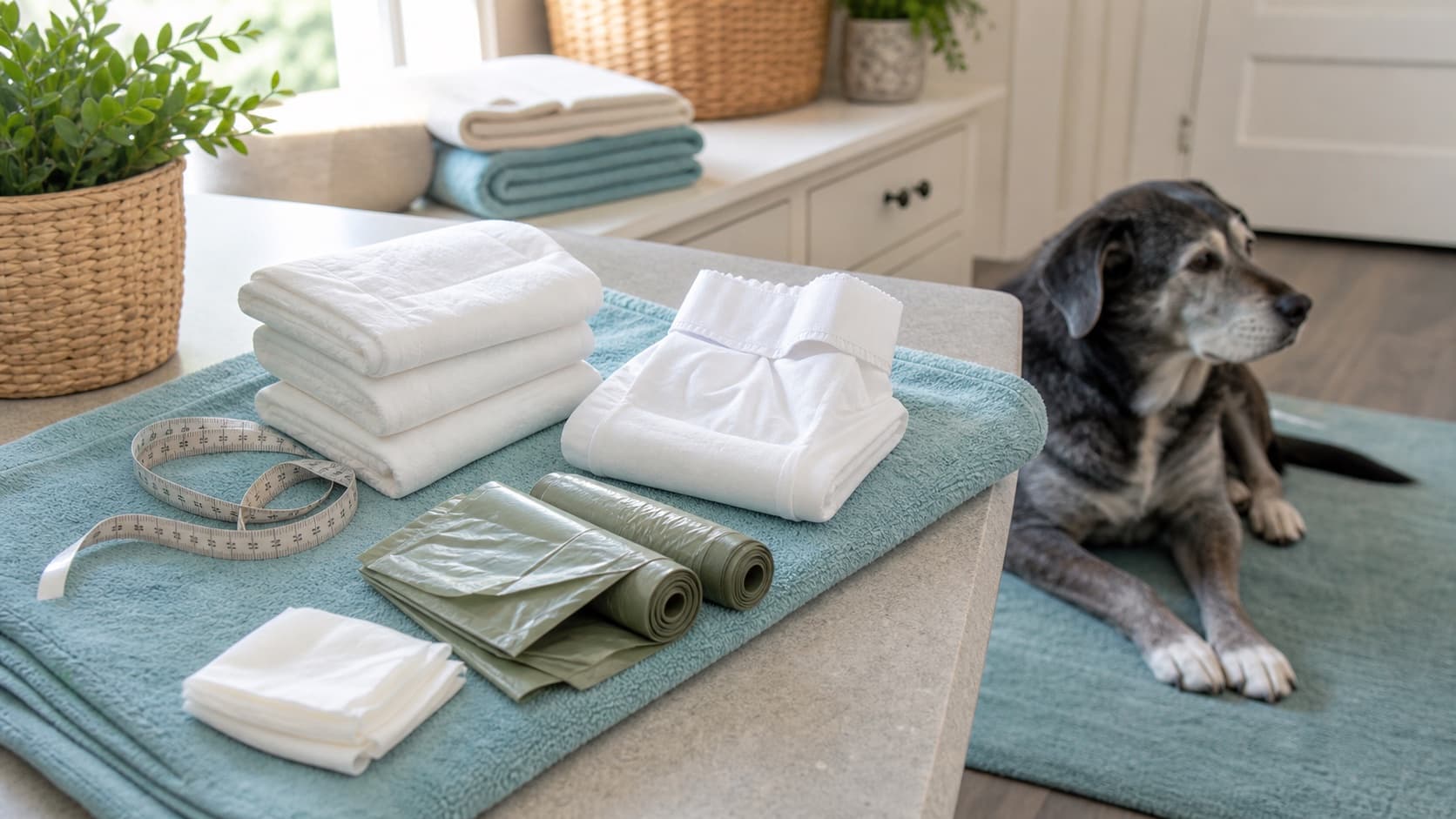 Unbranded senior dog diaper change supplies arranged at home