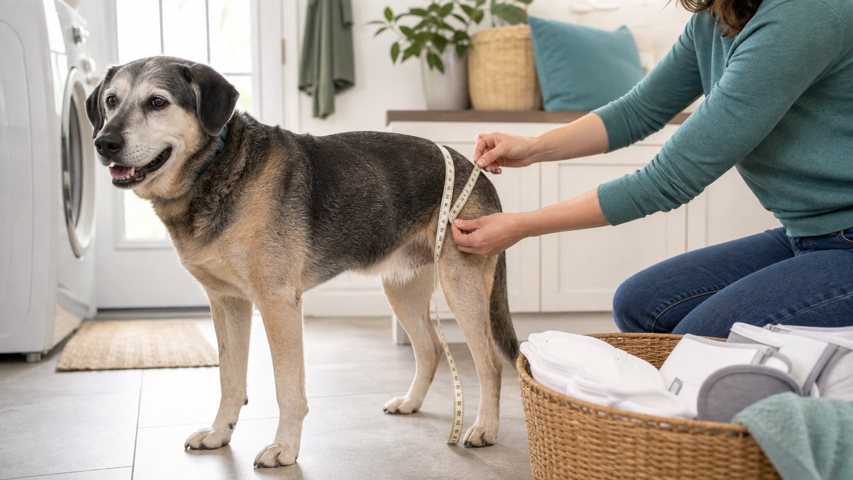 Owner measuring a senior dog for an unbranded diaper fit check