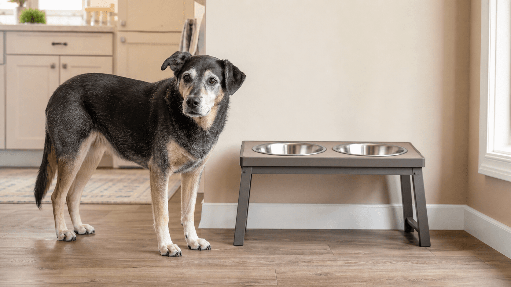 Senior dog standing beside plain unbranded raised food and water bowls at home