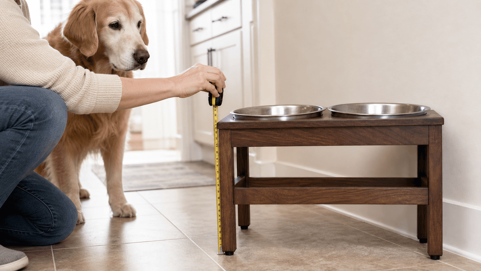 Owner measuring the height and floor footprint of a plain raised dog bowl stand