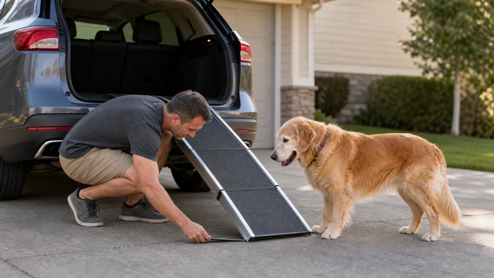 Senior dog using a calm home mobility setup with a low access path