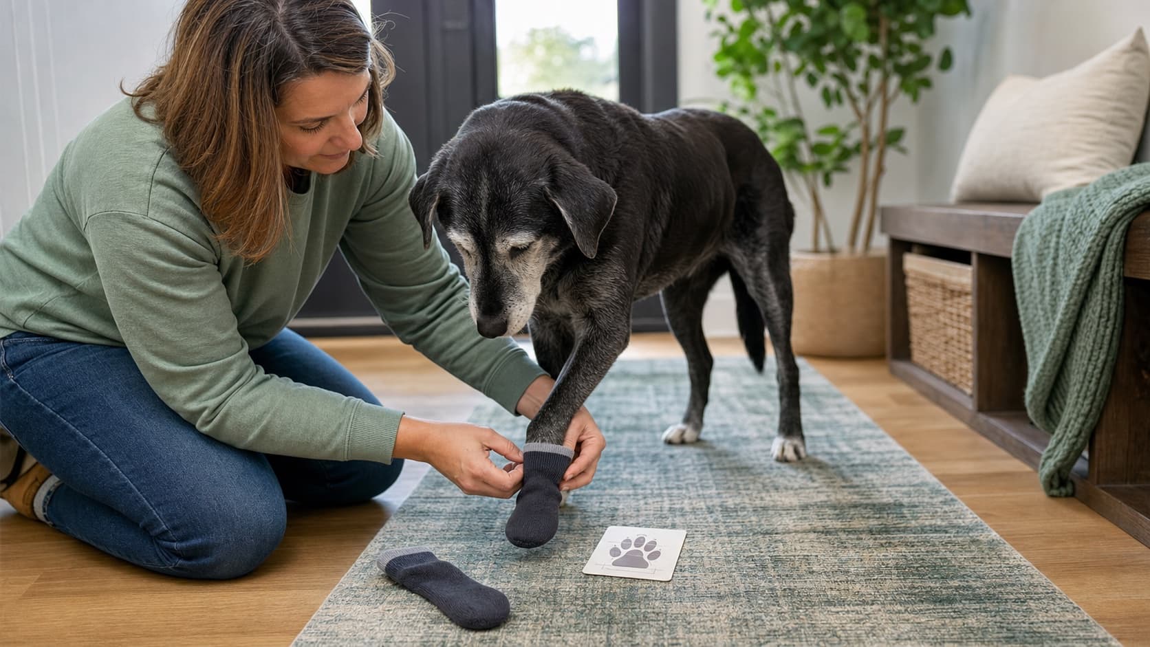 Owner checking the fit of a plain dog sock on a senior dog indoors