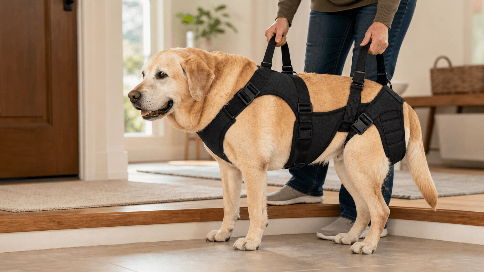 Senior dog wearing a plain full-body support harness while an owner assists near a low home step