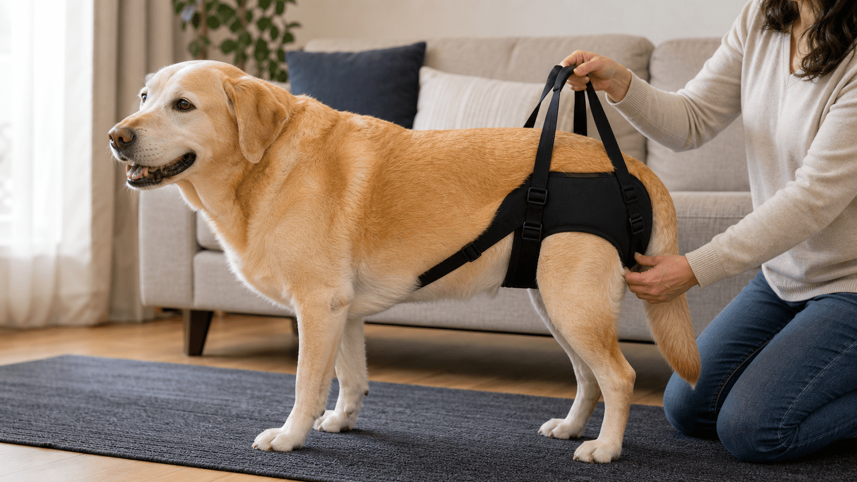 Owner checking the fit of a plain rear support sling on a senior dog at home