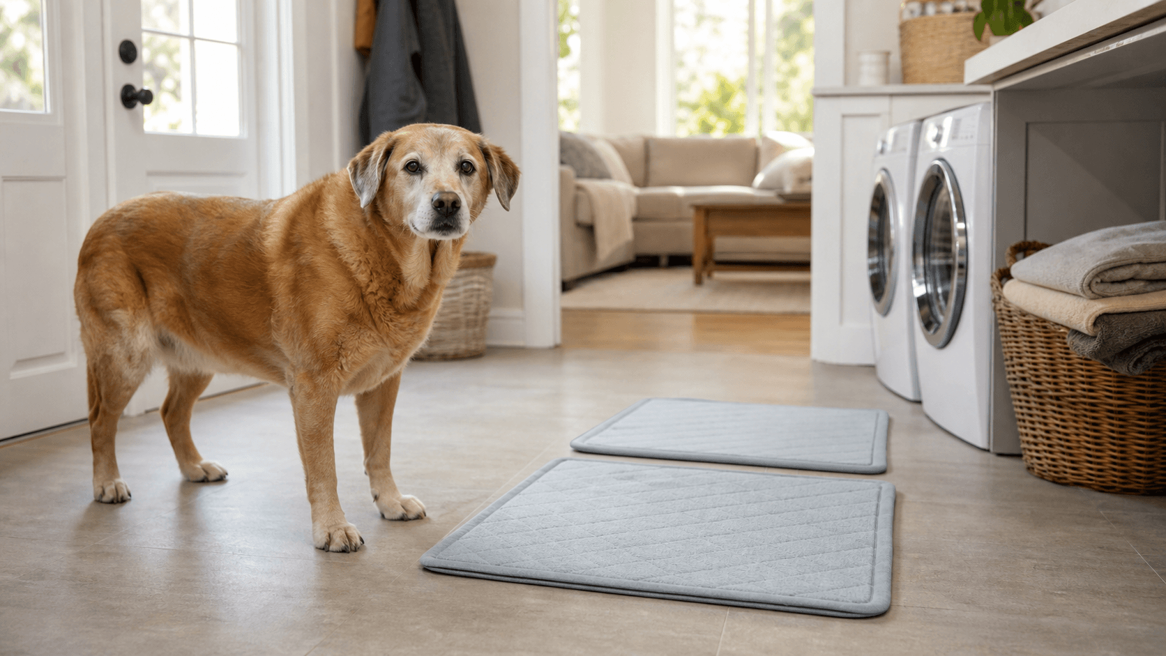 Senior dog standing near plain washable pads in a bright home laundry area