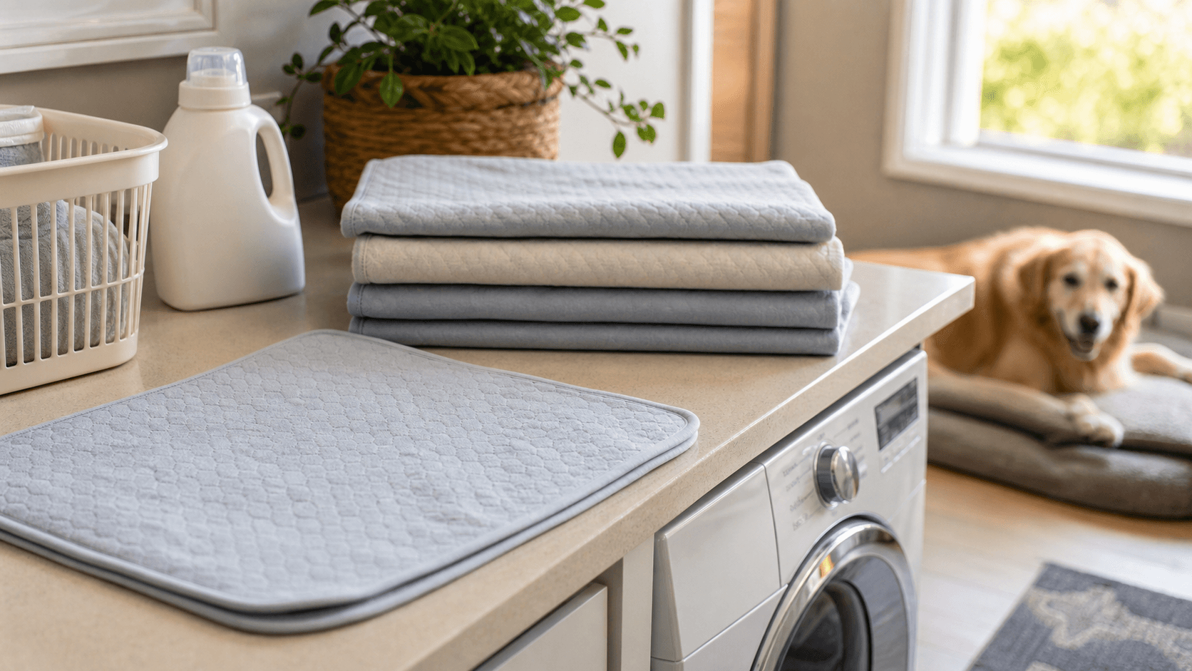 Plain washable dog pads folded beside laundry supplies in a home setup
